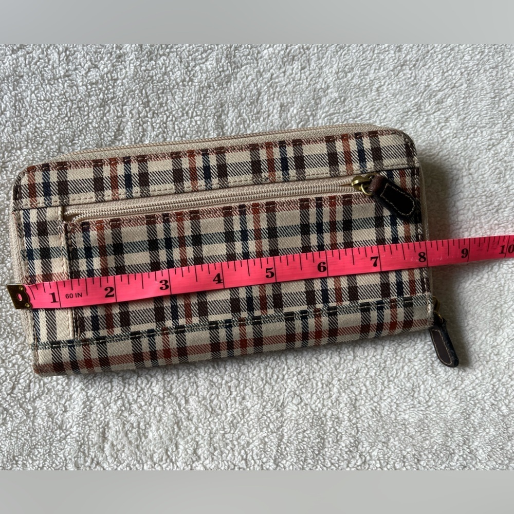 Villager Trifold Wallet, brown leather w brown red tan plaid. Cream interior - Picture 4 of 8